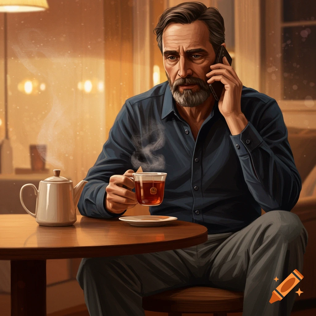 Illustration of a man talking on the phone while drinking tea at a table.