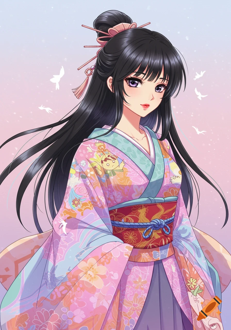 Anime style portrait of a Japanese woman with long black hair in a floral kimono.