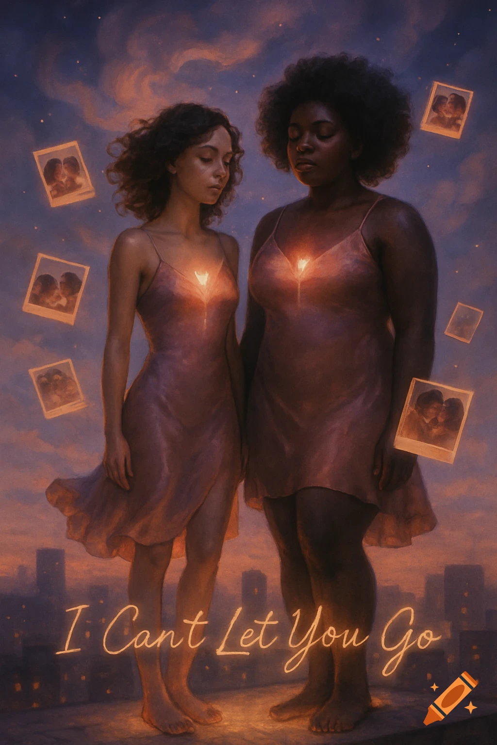Two women on a rooftop at night with floating photos and glowing text 'I Can’t Let You Go'