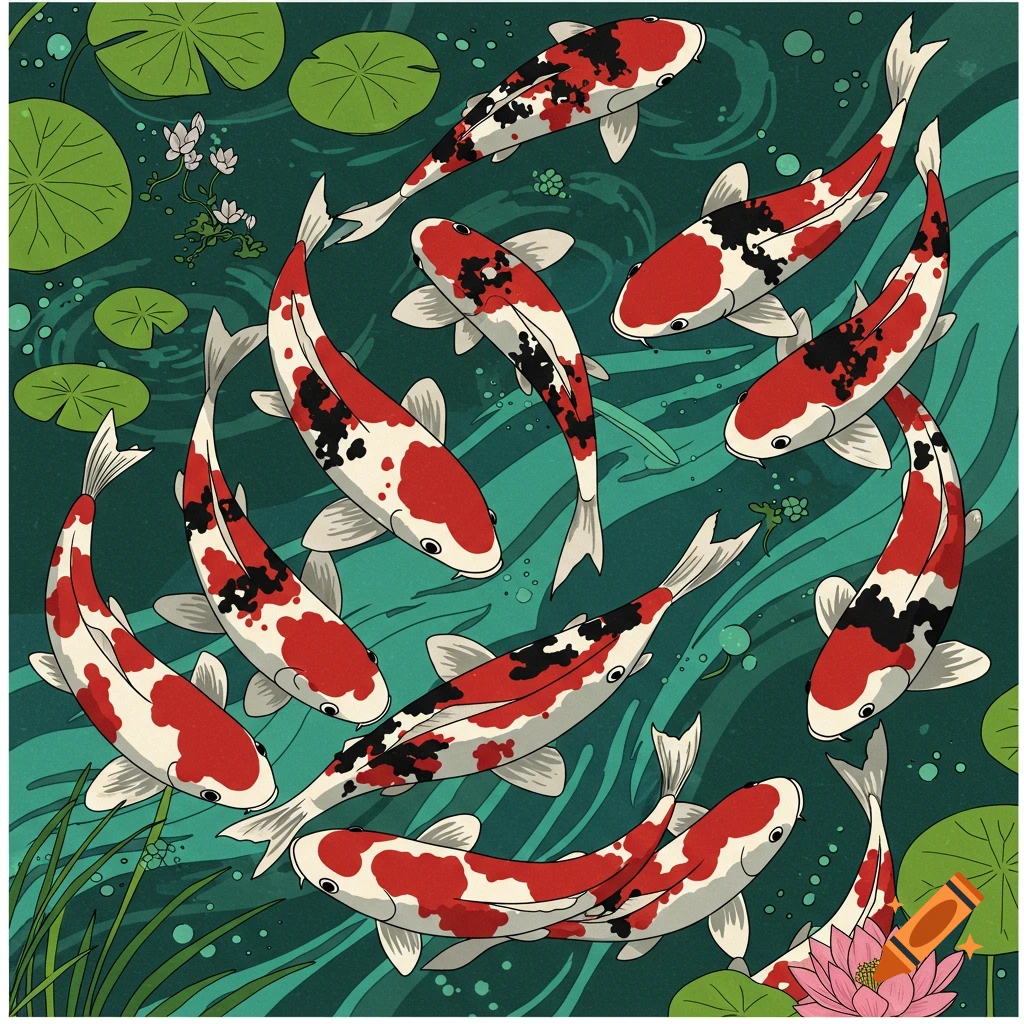 Multiple red and white koi fish swim in a green pond with lily pads, illustration style.