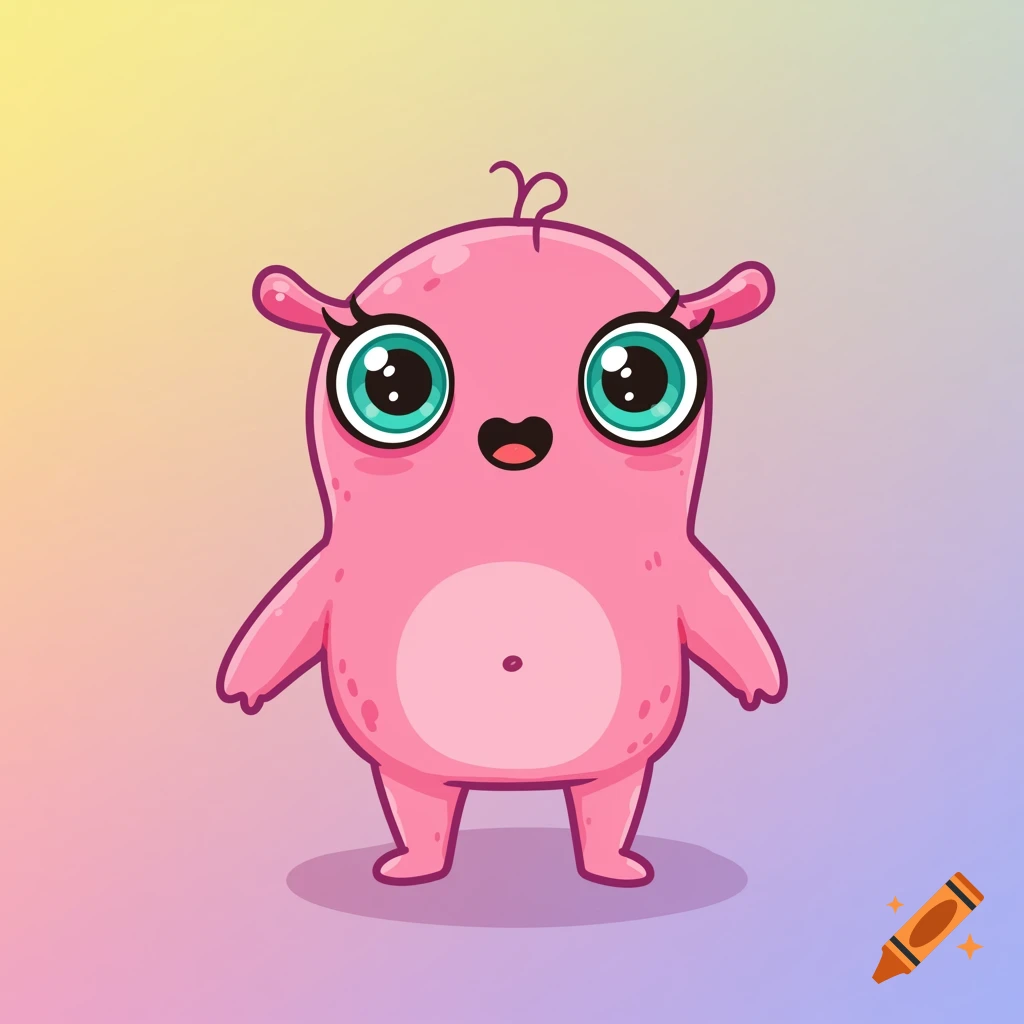 A cute pink cartoon monster with big green eyes standing on a gradient background.