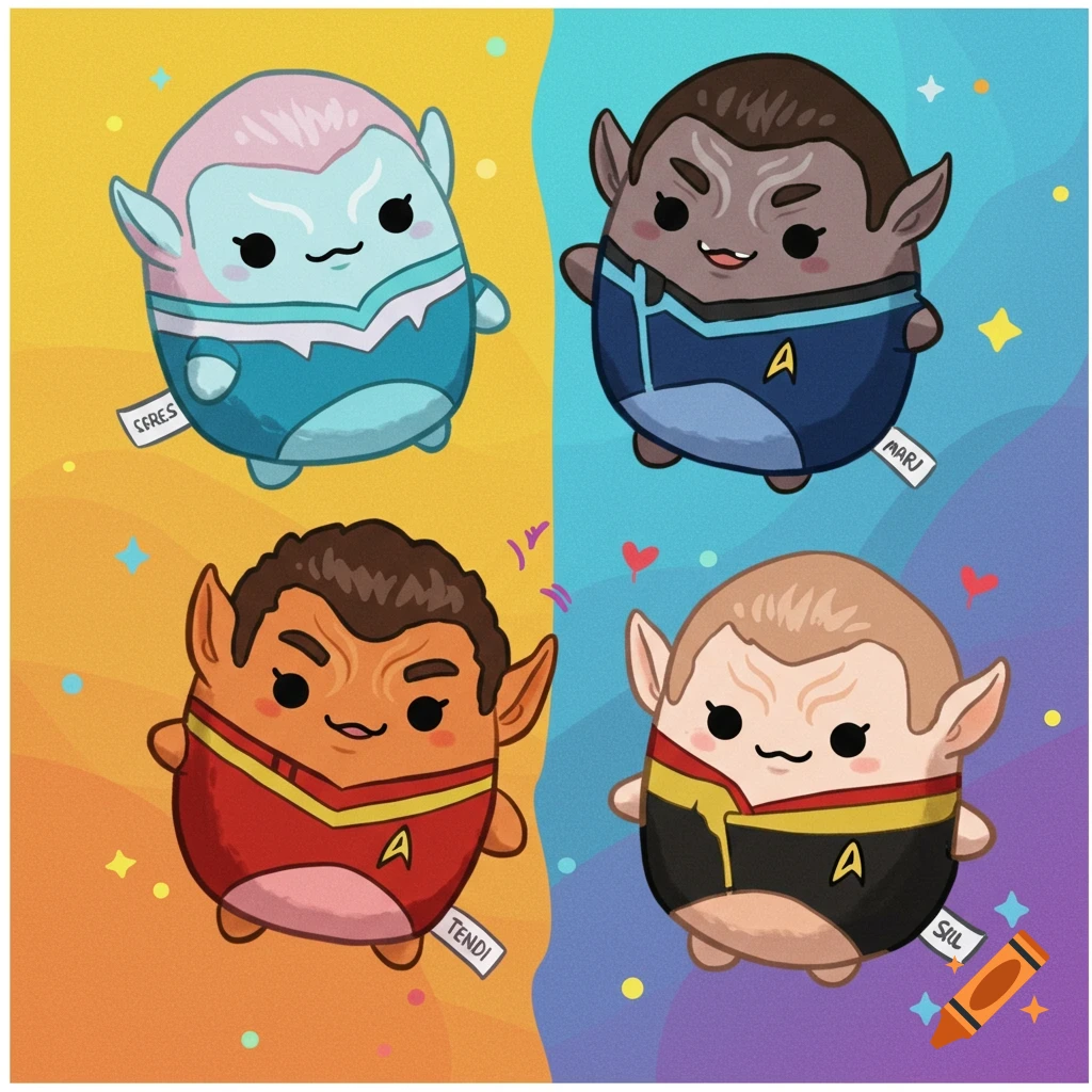 Four cartoon plush toys resembling Star Trek characters in uniform against a colorful background.