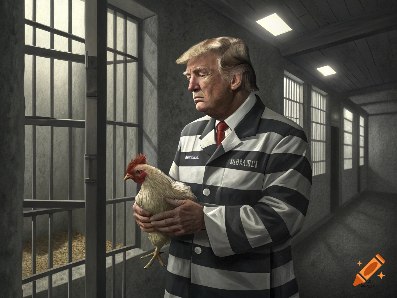 Donald Trump in a prison uniform holding a chicken in a jail hallway.