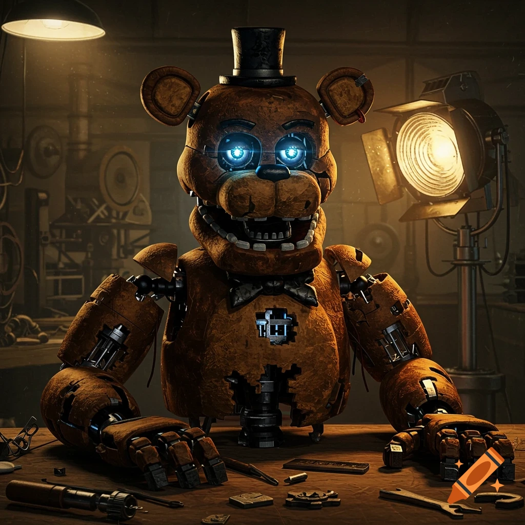 A creepy robot animatronic bear with glowing blue eyes sits at a workbench in a workshop, surrounded by tools.