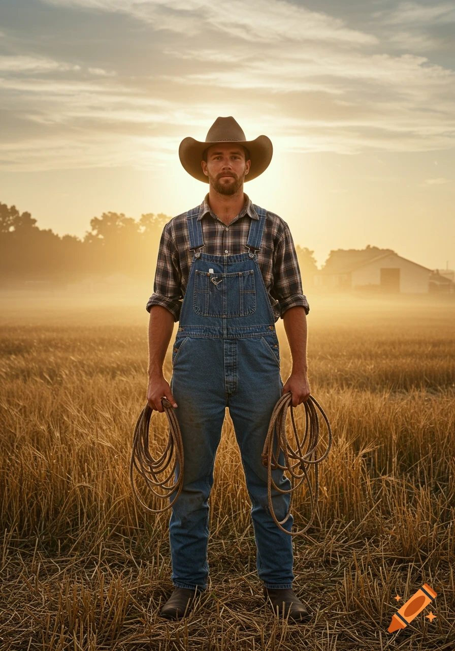 A cowboy farmer holds ropes in a field at sunrise.