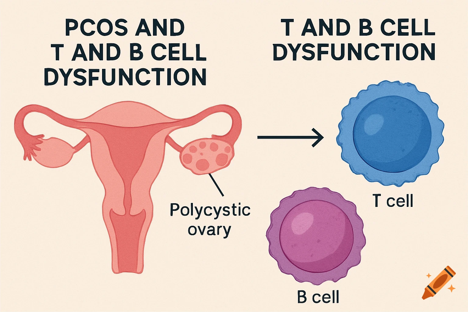 Diagram illustrating PCOS and T and B cell dysfunction, showing a uterus with polycystic ovaries and individual T and B cells.