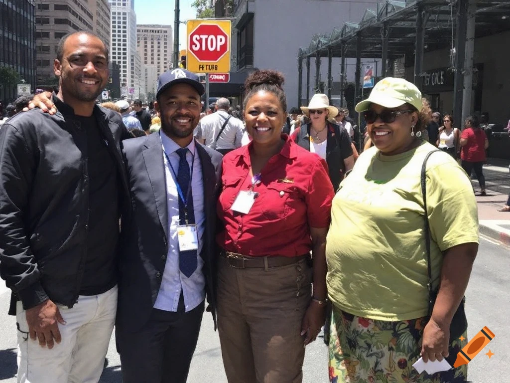 Four people pose for a photo on a city street during an event.
