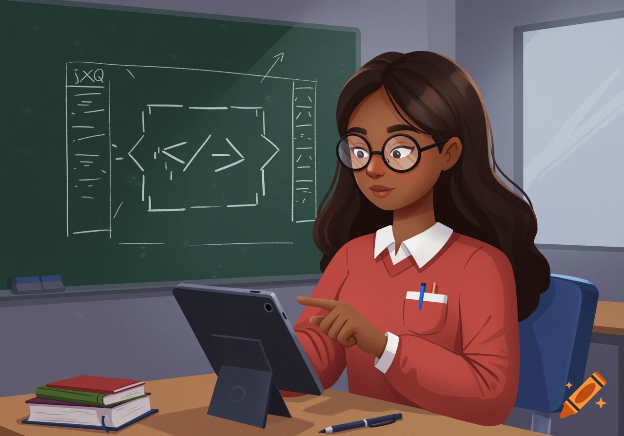 Cartoon teacher uses tablet to teach coding with diagrams on a chalkboard.