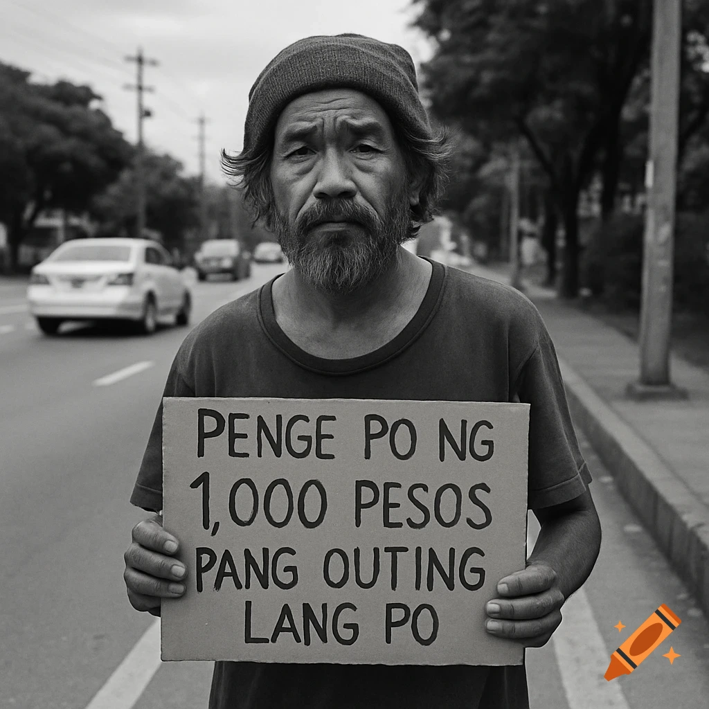 A black and white photo of a homeless man holding a sign asking for 1,000 pesos by the road.