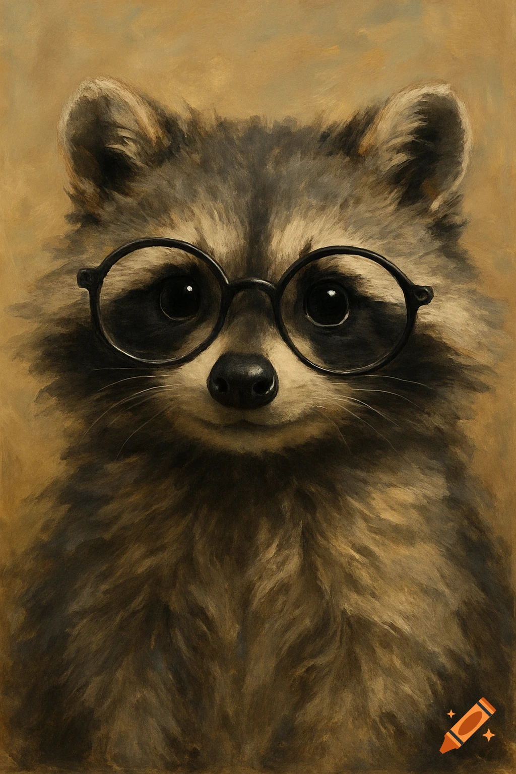 A close-up painterly portrait of a raccoon wearing black, round-rimmed glasses.