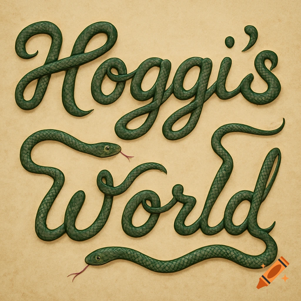 The words Hoggi's World written in green snakes in cursive on a brown background.