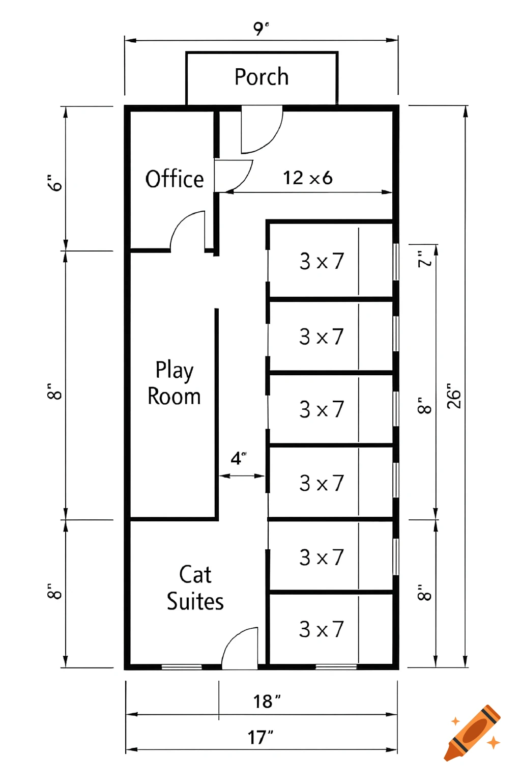 Floor plan of a cat boarding facility with rooms labeled 'Office', 'Play Room', and 'Cat Suites', including dimensions.
