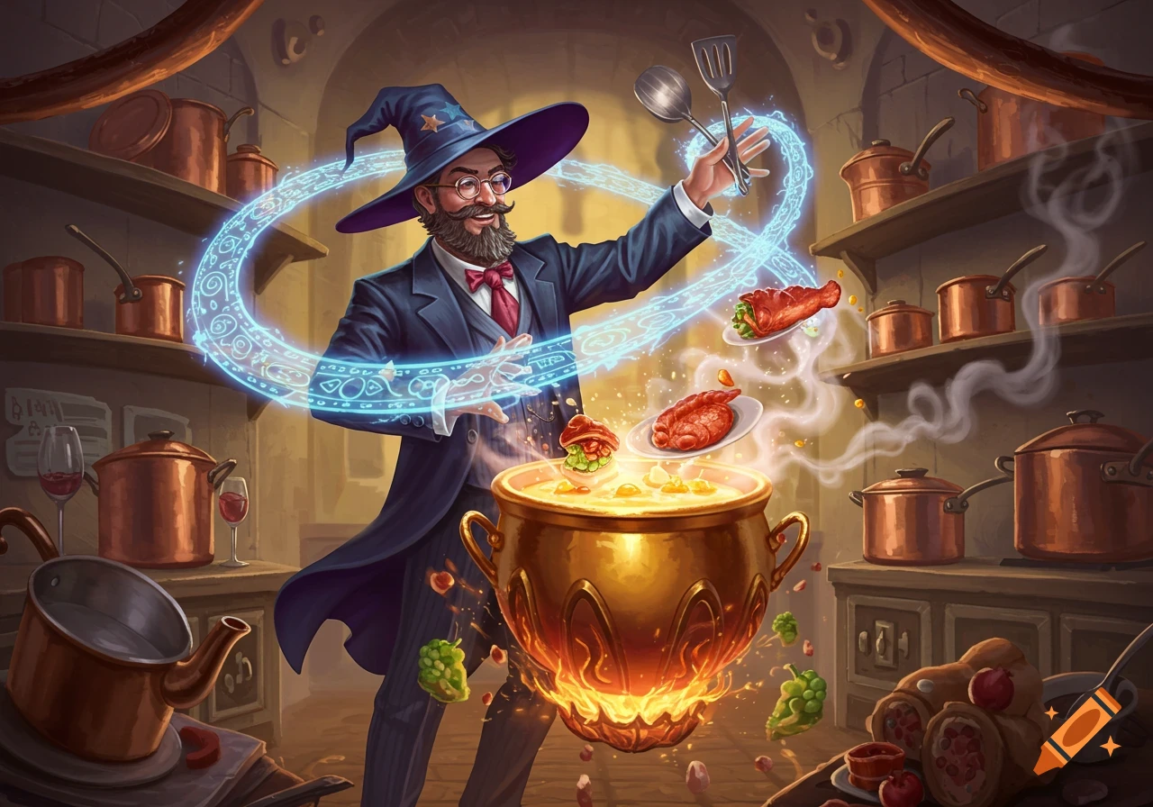 A wizard in a suit and hat uses magic to cook food in a bustling kitchen, digital art.