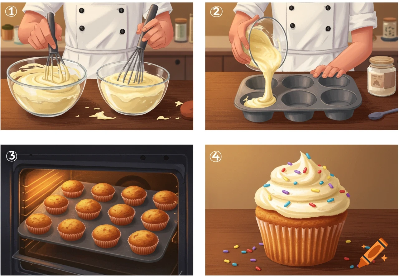Four panels show the steps for making vanilla cupcakes with sprinkles, from mixing batter to the final decorated cupcake.