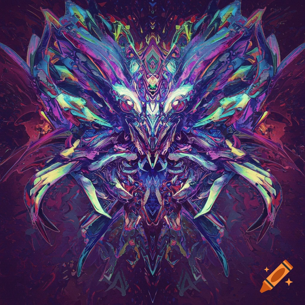 An abstract creature composed of vibrant, swirling psychedelic colors against a dark background.