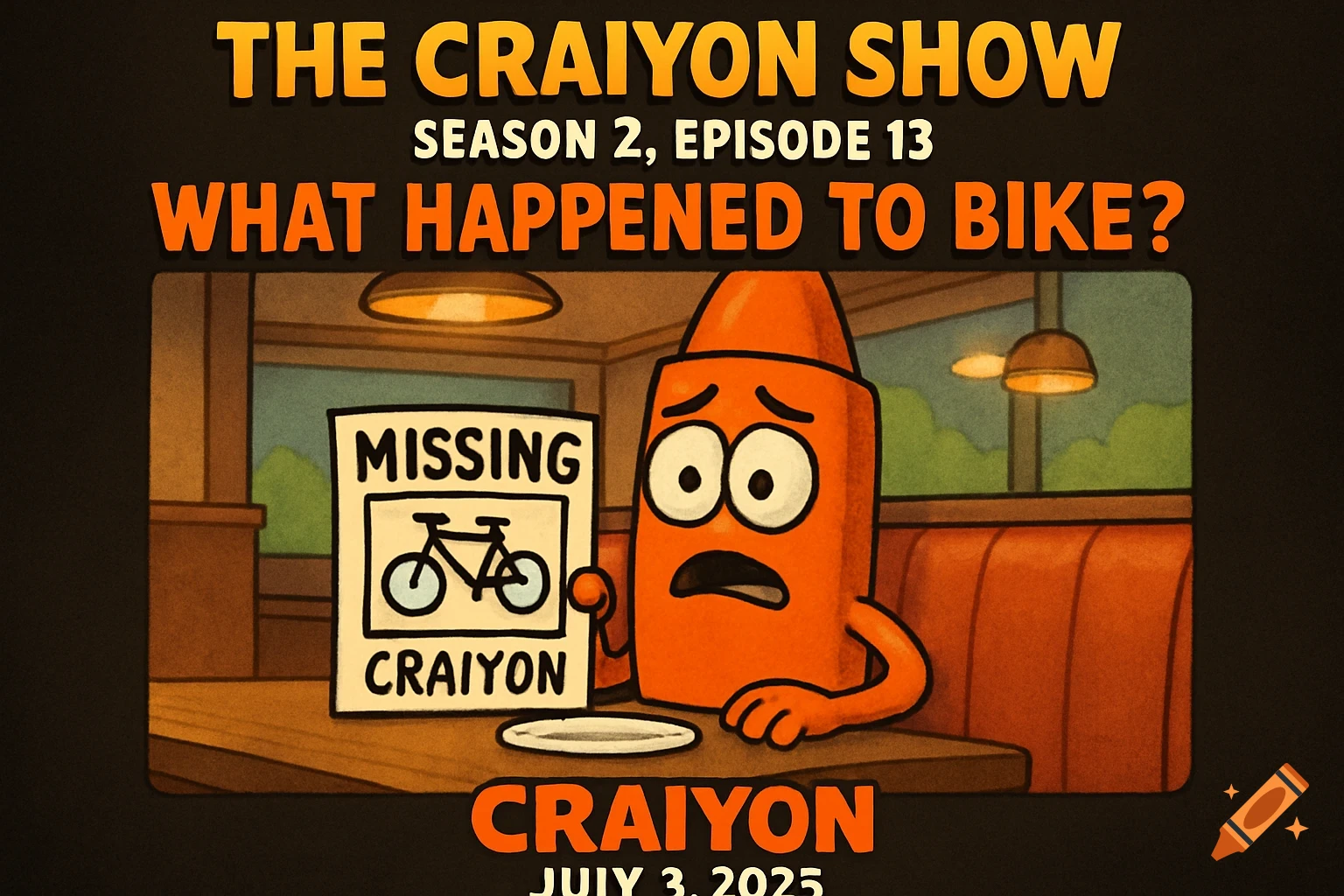 A cartoon orange crayon character looks worried while holding a missing poster for a bicycle inside a restaurant booth. Title text reads 'The Craiyon Show'.