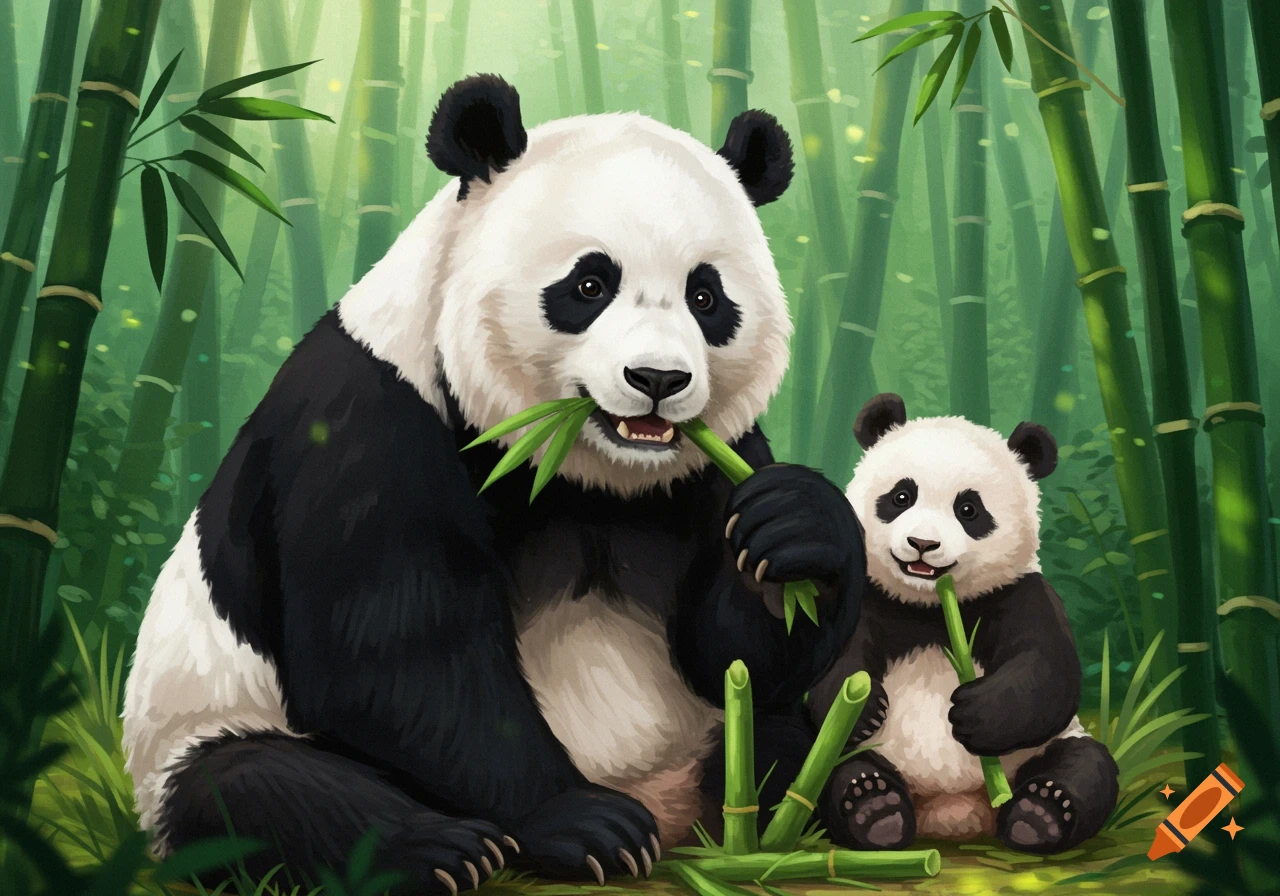 A mother panda and baby panda eat bamboo in a lush bamboo forest, digital painting.
