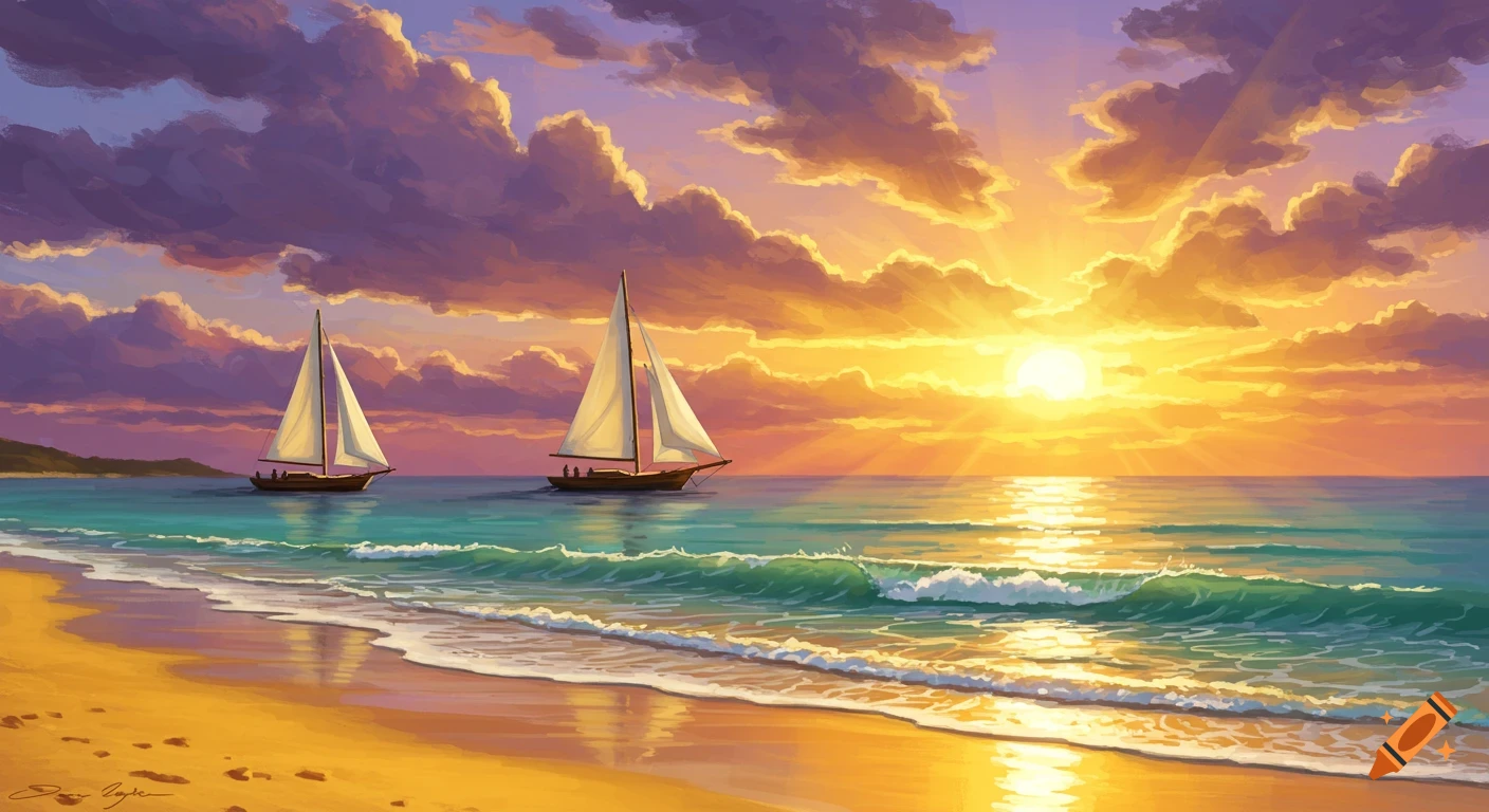 A vibrant painting of a beach at sunset with two sailboats on the water.