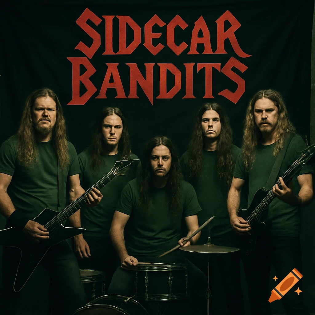 Photographic portrait of a heavy metal band standing in front of a banner with text.