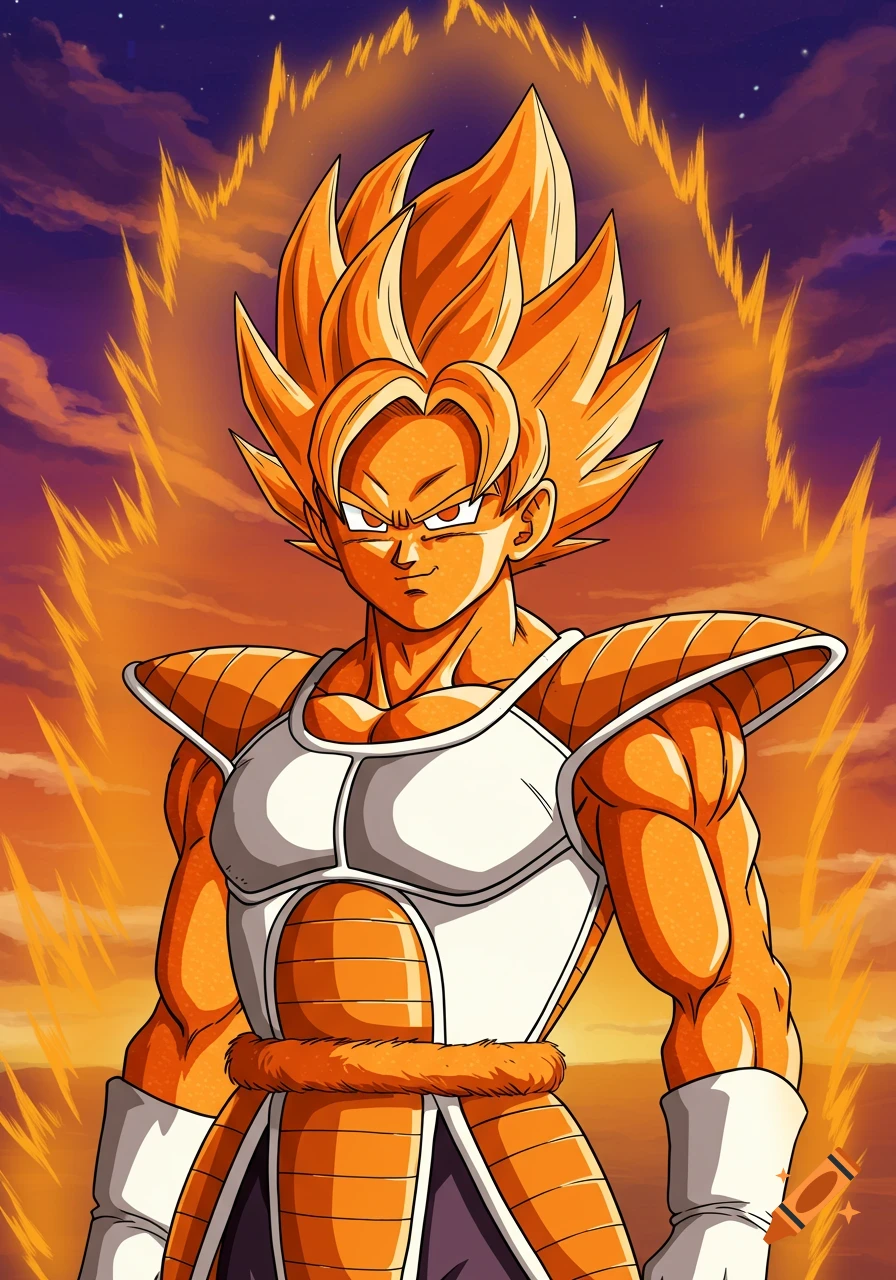 Saiyan character in Dragon Ball Z art style with orange hair and skin wearing armor, glowing with power against a sunset.