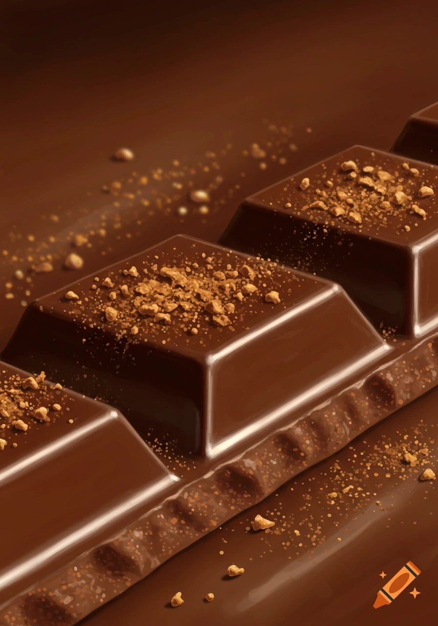 Close-up of a chocolate bar with crushed powder on top.