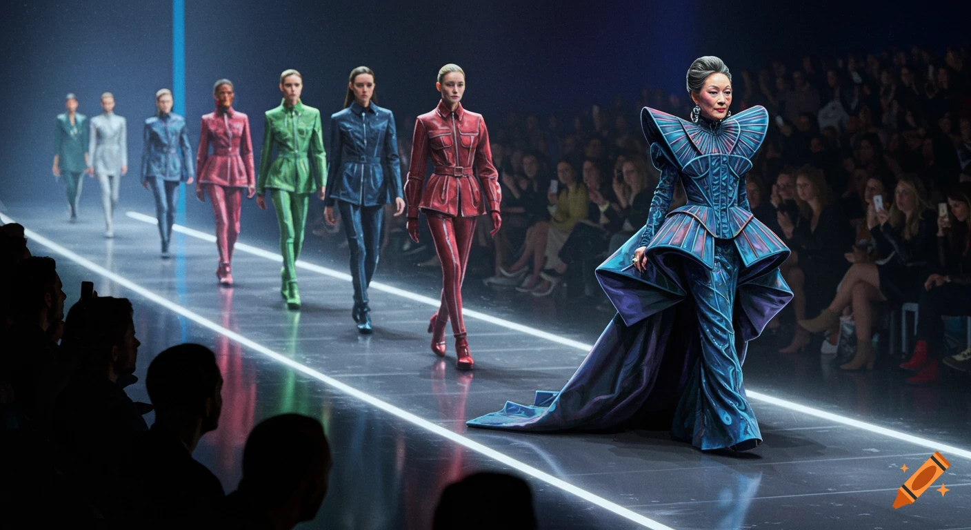 Models walk the runway in futuristic fashion at a show.