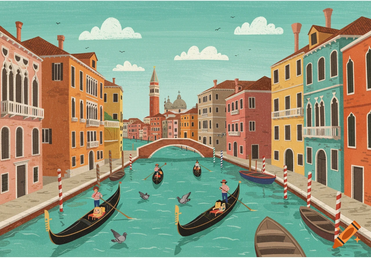 Children's storybook illustration of gondolas on a Venice canal with colorful buildings