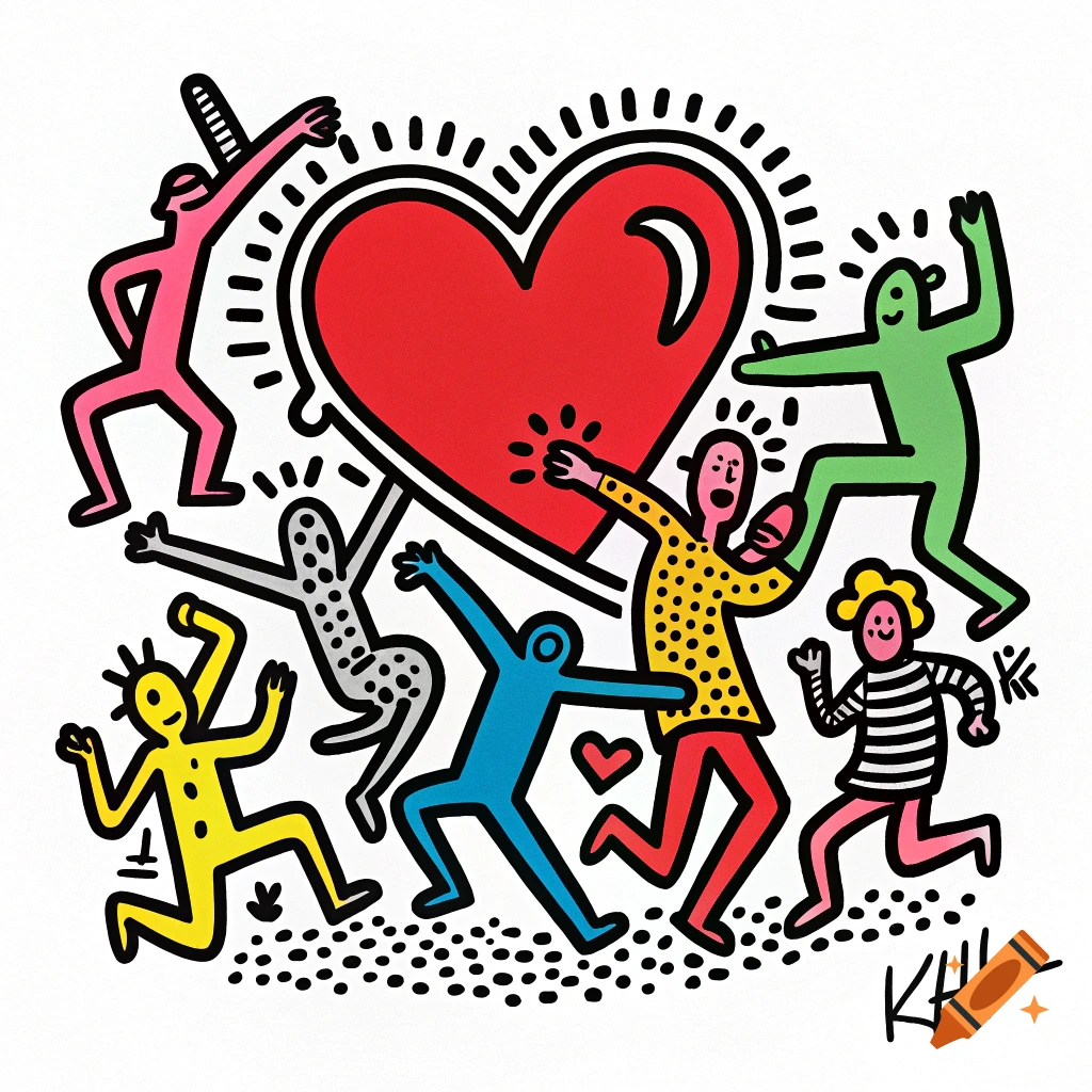 Colorful abstract figures dancing around a large red heart in the style of Keith Haring.