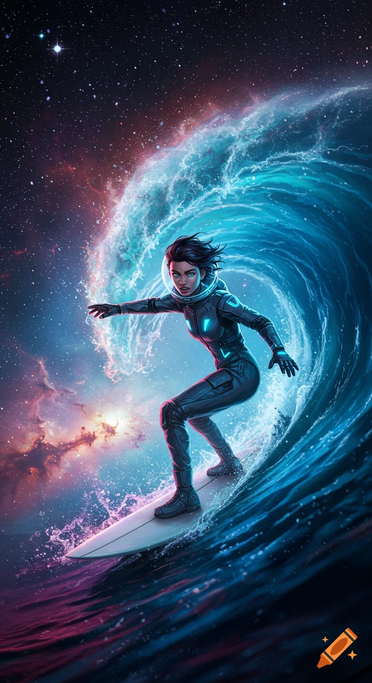 An astronaut in a suit surfs a large glowing blue and pink wave against a starry space background with nebulae.