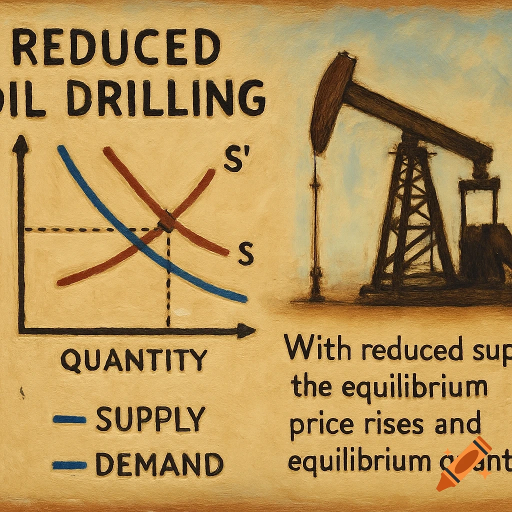 An economics graph showing supply and demand curves next to an oil pump, illustrating the effect of reduced oil drilling in a painterly style.