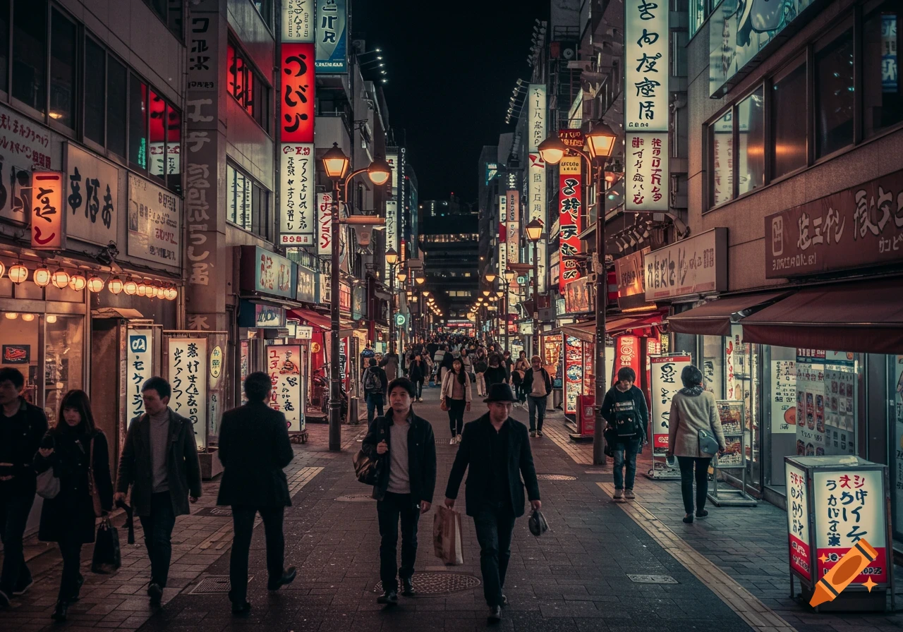 A crowded street at night in a Japanese city, lit by many neon signs.