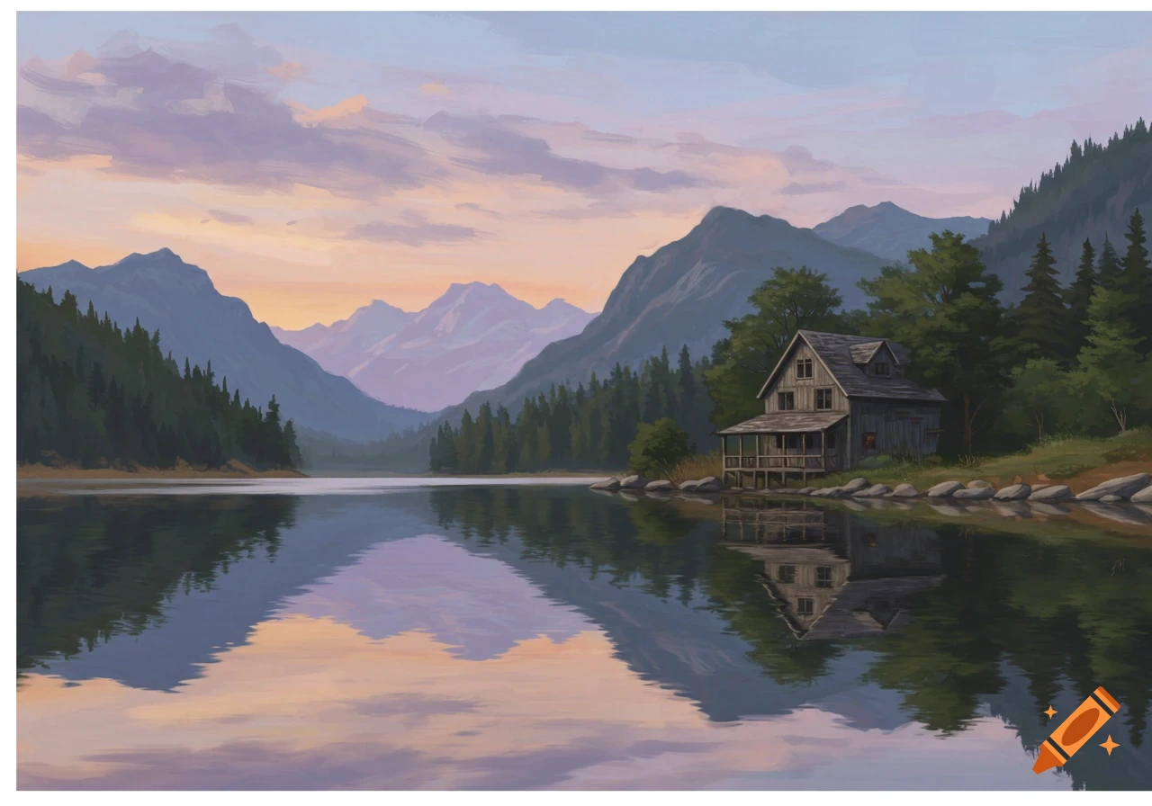 Digital painting of a cabin by a lake with mountains at sunset.