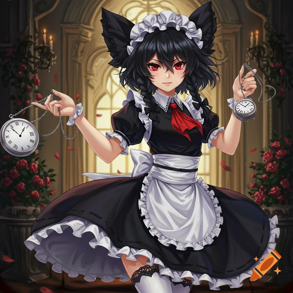 Anime character with cat ears wearing a maid outfit and holding pocket watches in a hall.