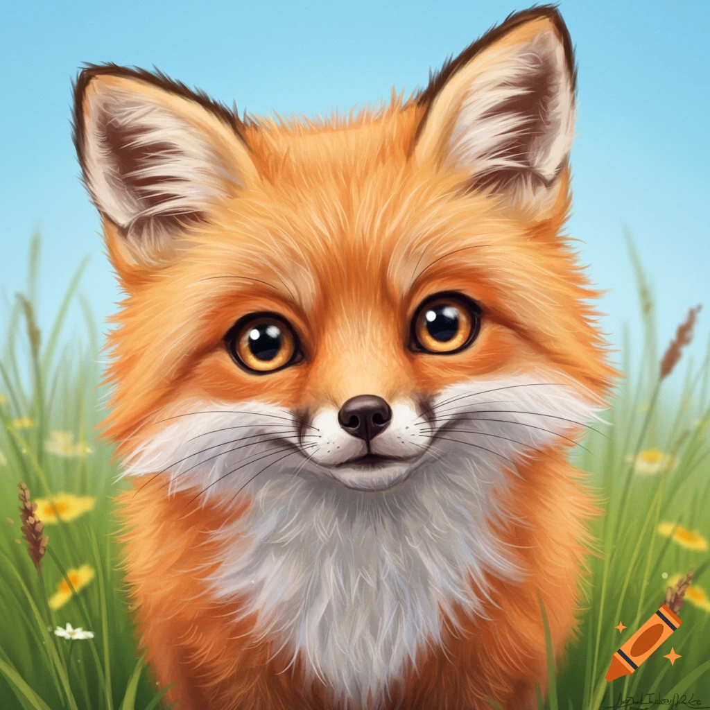 A cute illustration of a fox sitting in a grassy field with flowers under a blue sky.