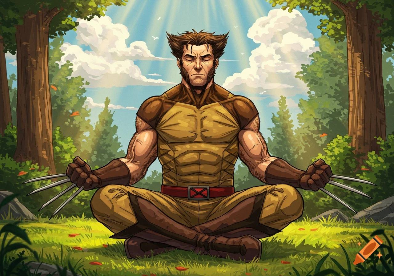 Wolverine in classic costume meditating cross-legged in a forest clearing with claws extended.