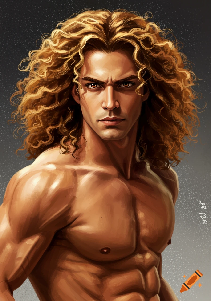 Digital painting of a muscular man with curly blonde hair and brown eyes.