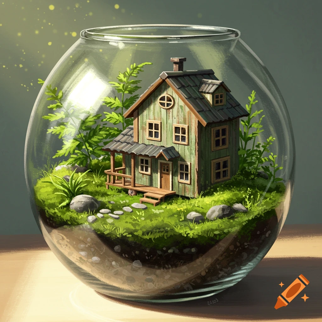 A tiny house sits inside a glass terrarium filled with moss and plants.