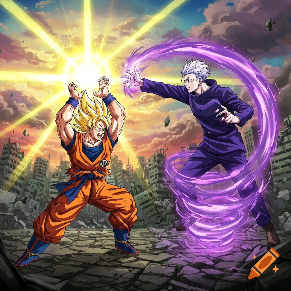 Anime style Goku charging energy, Gojo attacking with purple energy in a destroyed city.