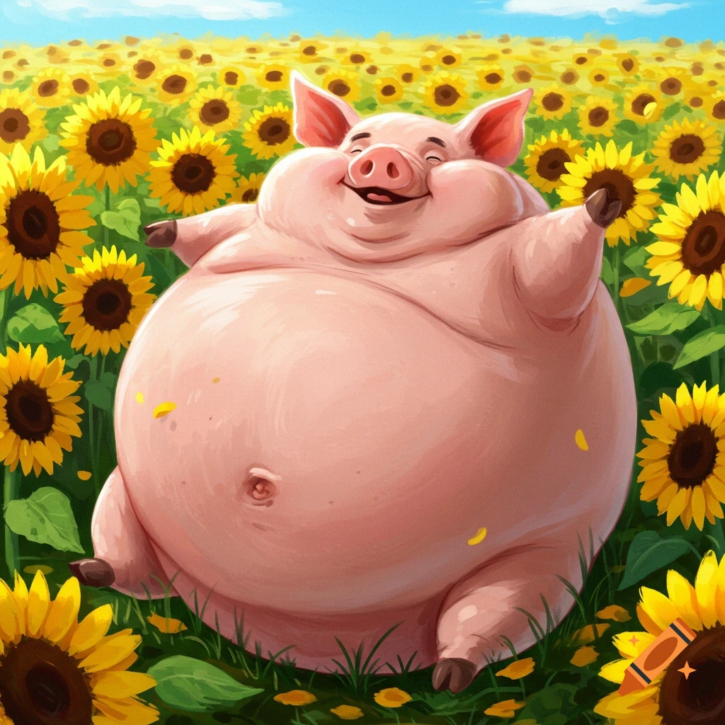 Cartoon fat pig sitting happily in a field of sunflowers