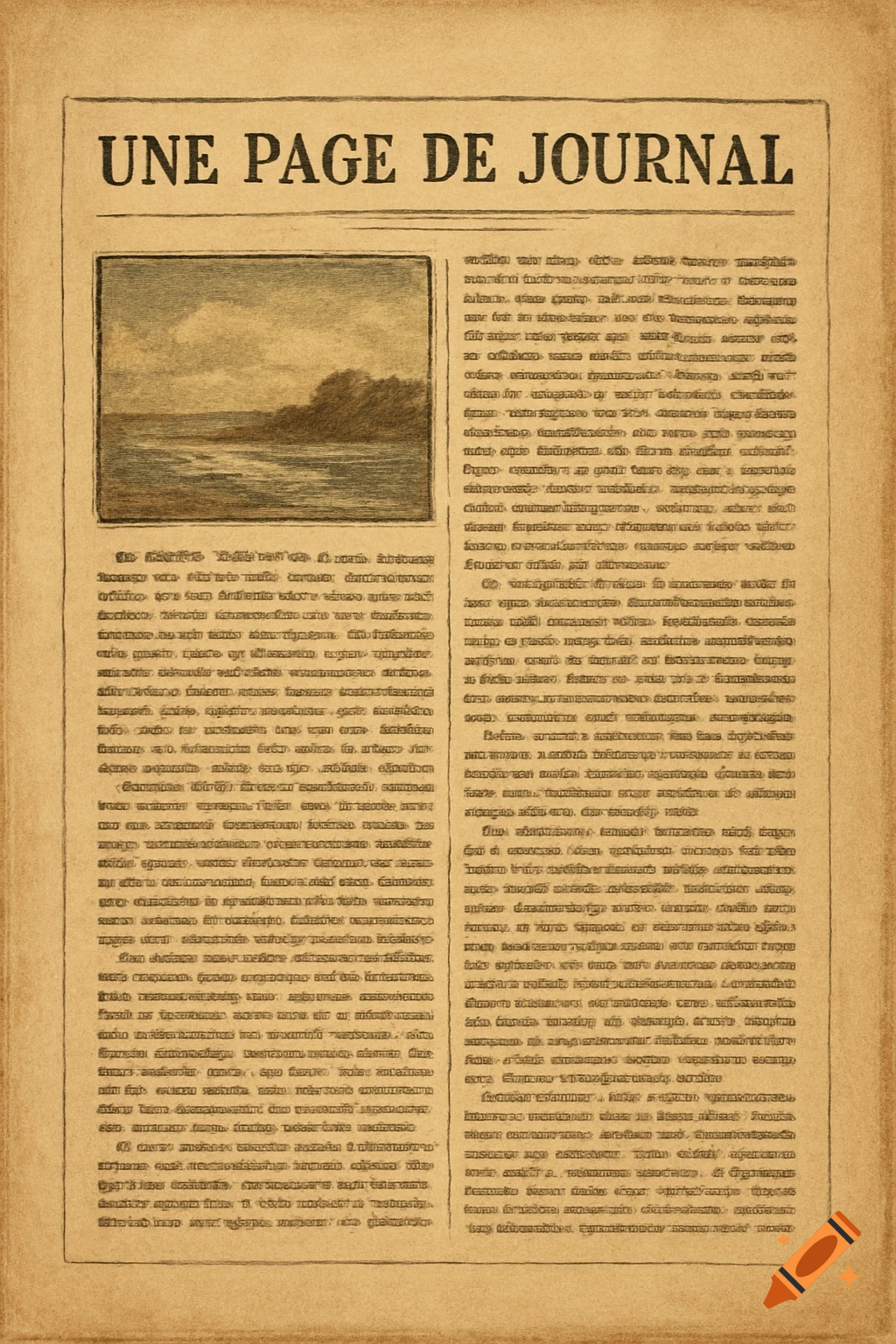 Vintage newspaper page with masthead 'UNE PAGE DE JOURNAL' and an engraved-style landscape image.
