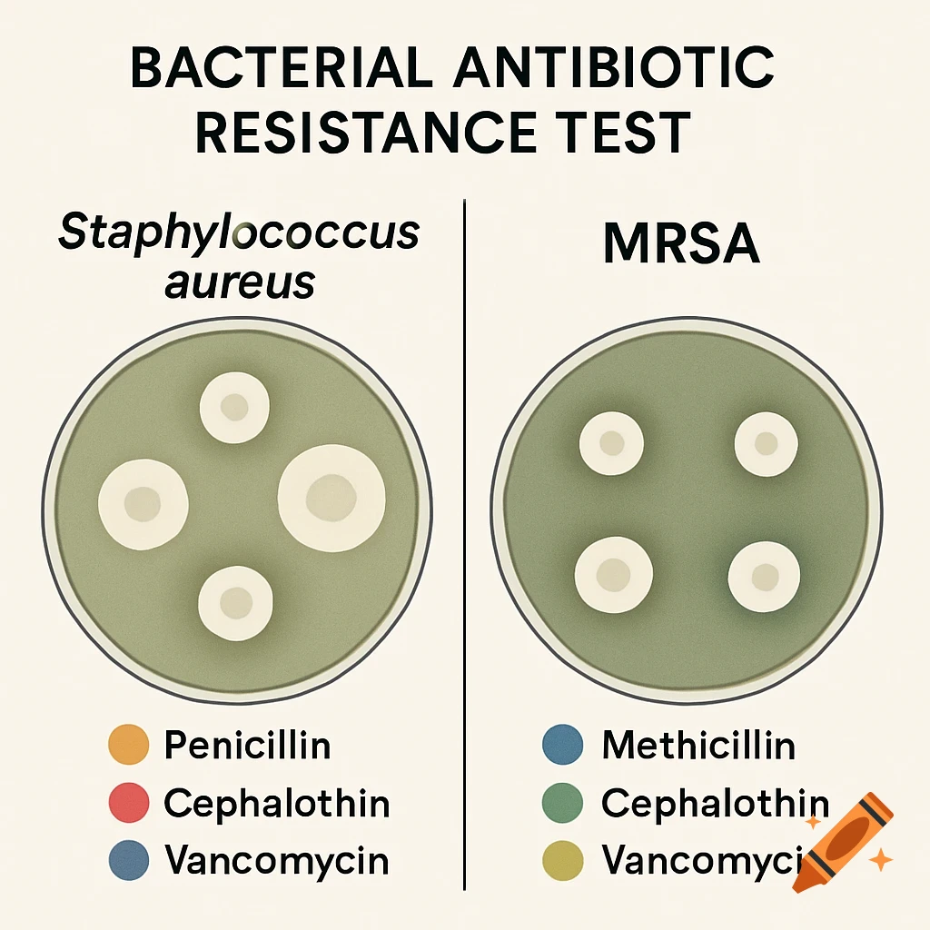 Diagram illustrating bacterial antibiotic resistance testing for Staphylococcus aureus and MRSA.