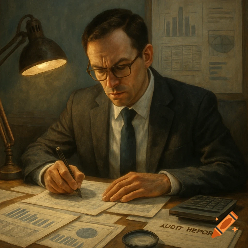 Painting of a man in a suit writing at a desk under a lamp, with financial documents.