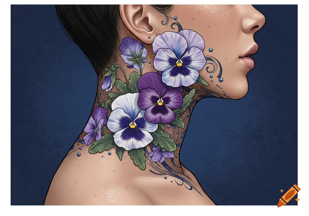 Illustration of a floral tattoo with purple and white pansies and swirls on a person's neck.
