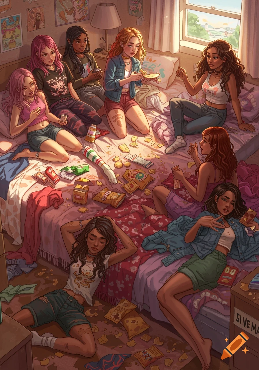 Illustration of young women eating snacks on a messy bed in a bedroom.