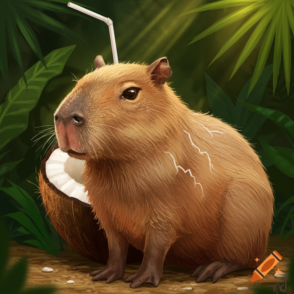 Illustration of a capybara drinking from a coconut with a straw in a jungle.