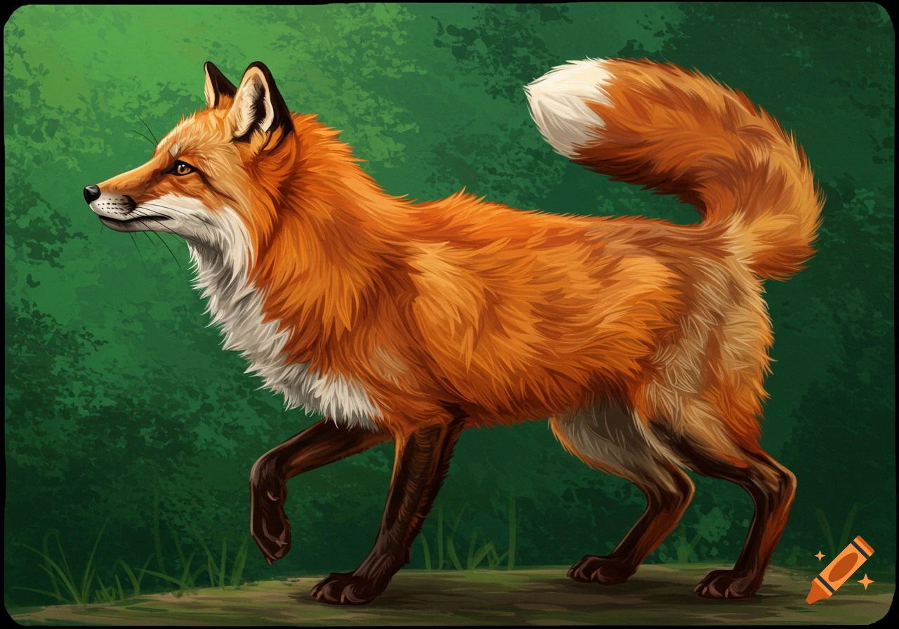 A digital painting of a red fox walking, looking left against a green forest background.