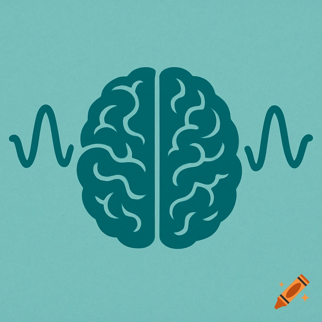 A teal green graphic illustration of a human brain with teal waves emanating from each side, set against a solid teal background. Logo style.