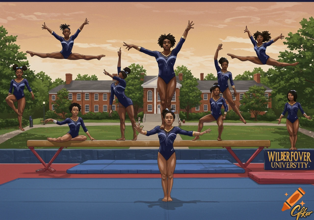 Illustration of Black women gymnasts performing on a balance beam and mat at a university.