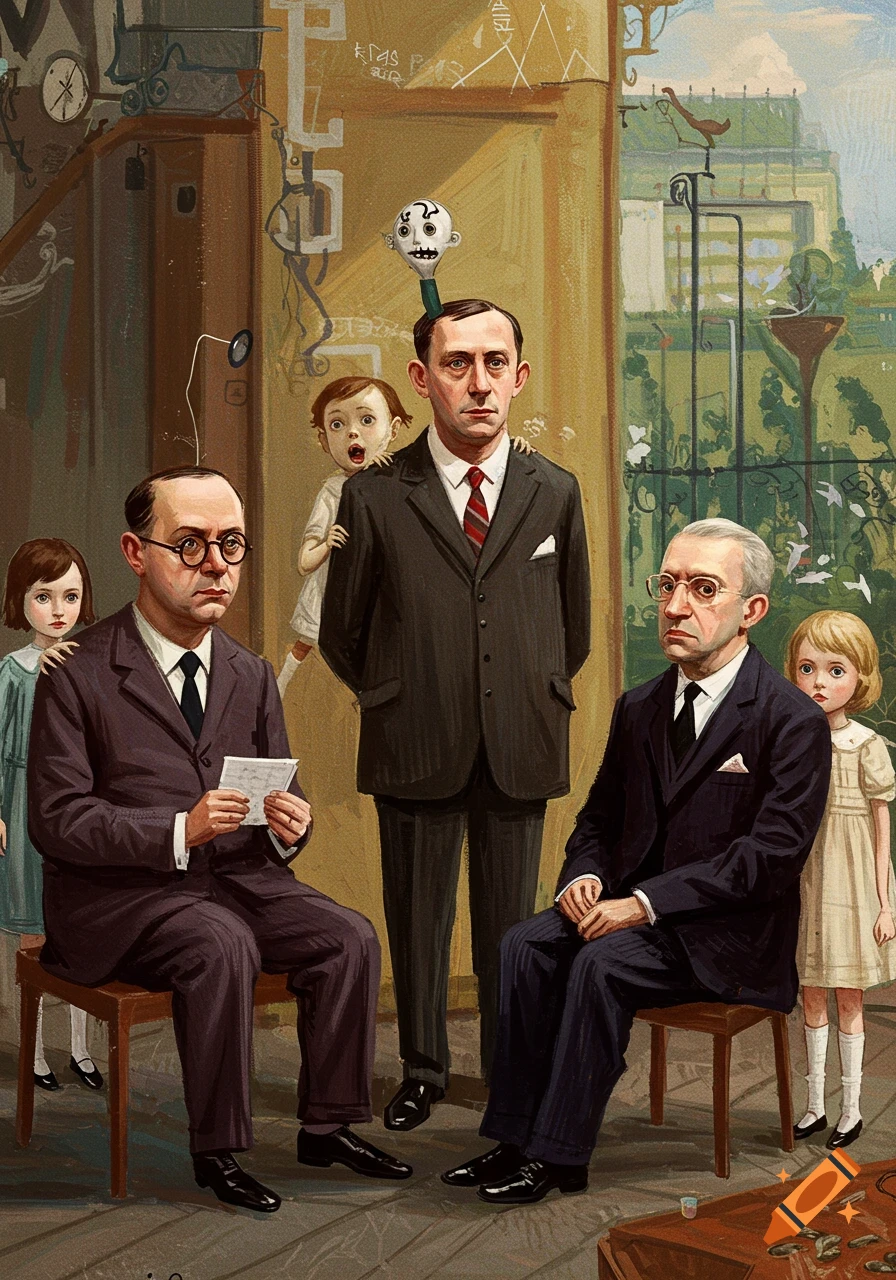 Painting of three men and two children in a stylized group portrait.