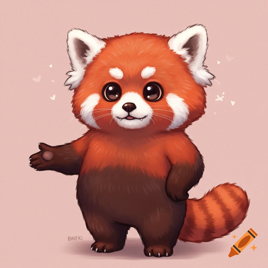 A cute cartoon red panda with big eyes stands with its paw held out, on a light pink background.